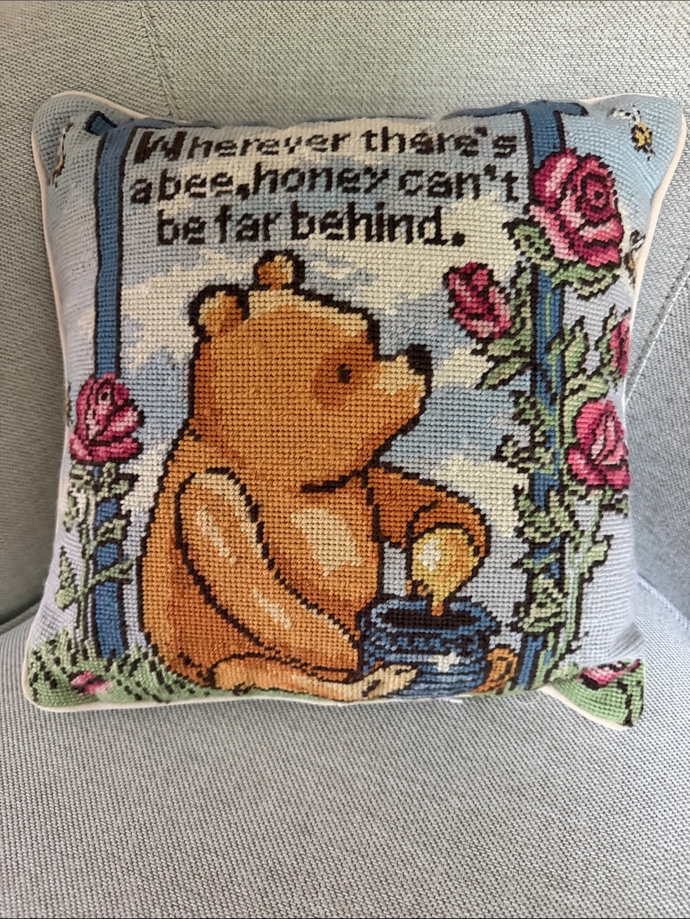 Vintage Classic Pooh Needlepoint Pillow Disney C&F Enterprises 14x14